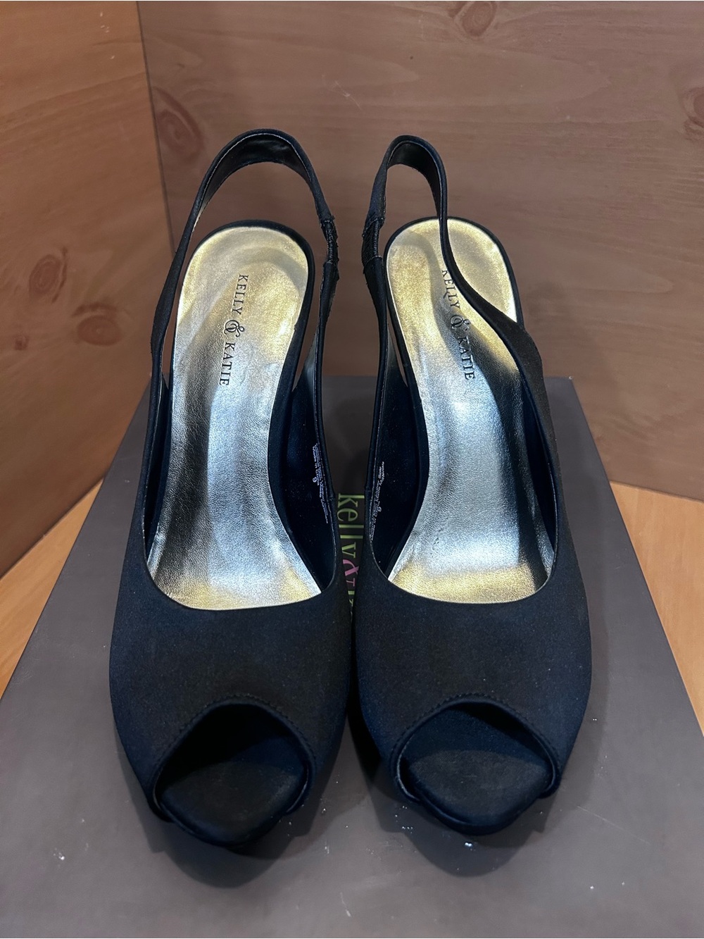 Kelly & Katie Black Peep Toe Slingbacks with Metallic Insole
